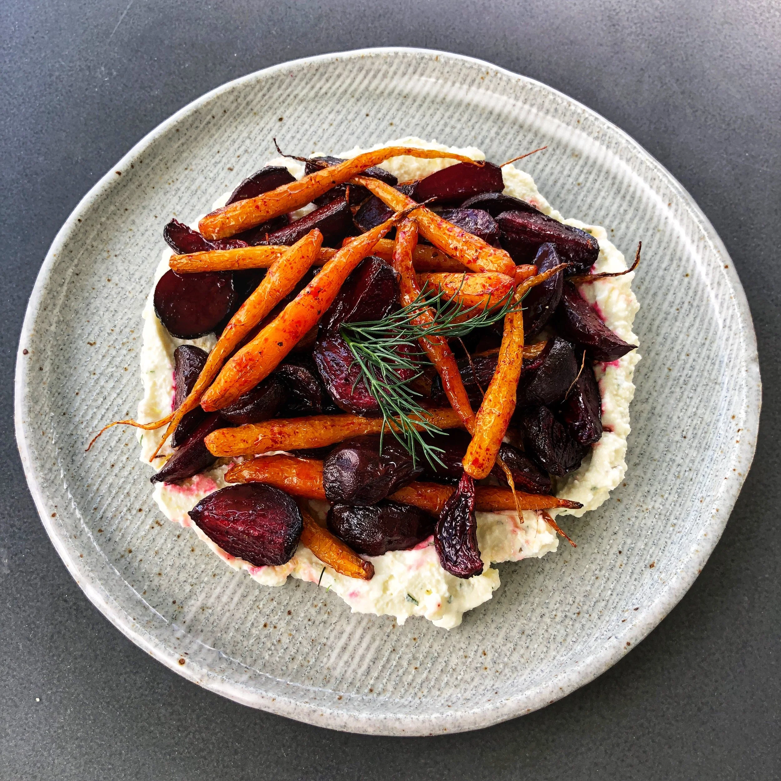 Roasted beets and carrots glazed with Spicy Beetroot Pickle