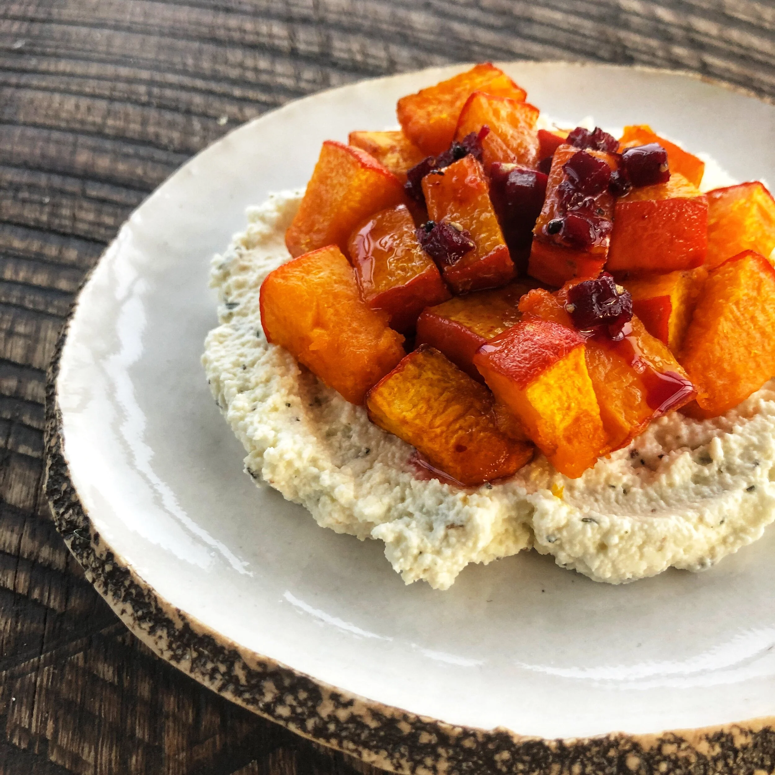 Roasted squash with Spicy Beetroot Pickle on a herb spread